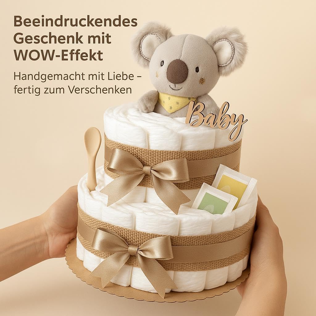 Torta di pannolini per bambine e ragazzi con koala – Boho Vintage [fatto a mano] – Regalo per la nascita con manico koala, pannolini premium e tè biologico, torta di pannolini neutra e per baby shower