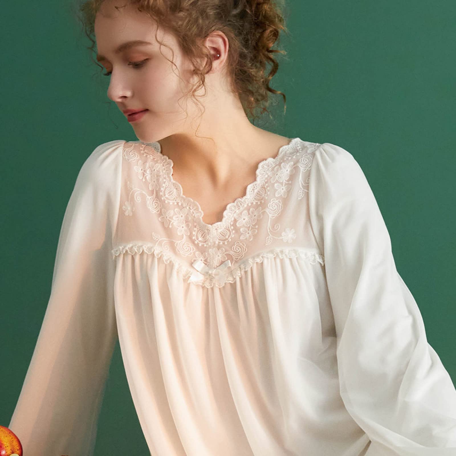 OFFSUM Camicia da Notte Donna - Pigiameria da Notte con Scollo A V in Pizzo Vintage Primavera Estate Tinta Unita Elegante Abito da Notte Casual da Principessa Casual Loungewear