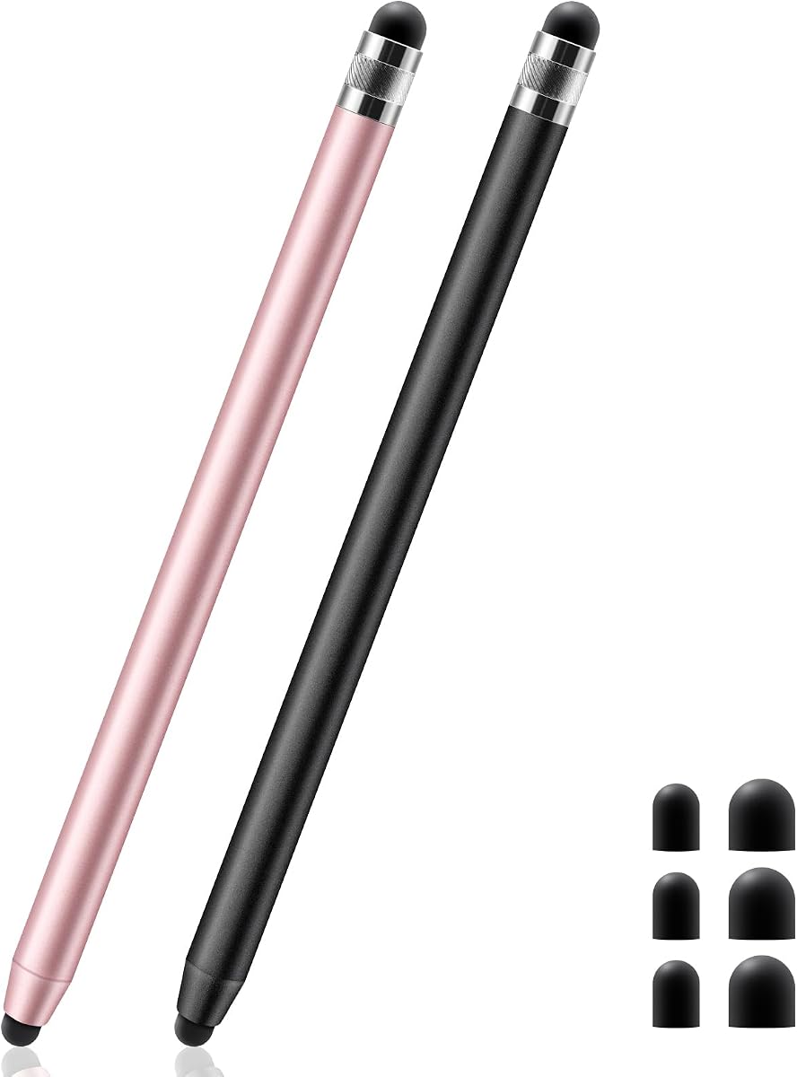 Stylus Tablet, 2 in 1 Universal Touch Stylus Pen with Rubber Magnetic Tip with 6 Replacement Tips for iPad iPhone Samsung Huawei Xiaomi Surface Chromebook (Black + Rose Gold)