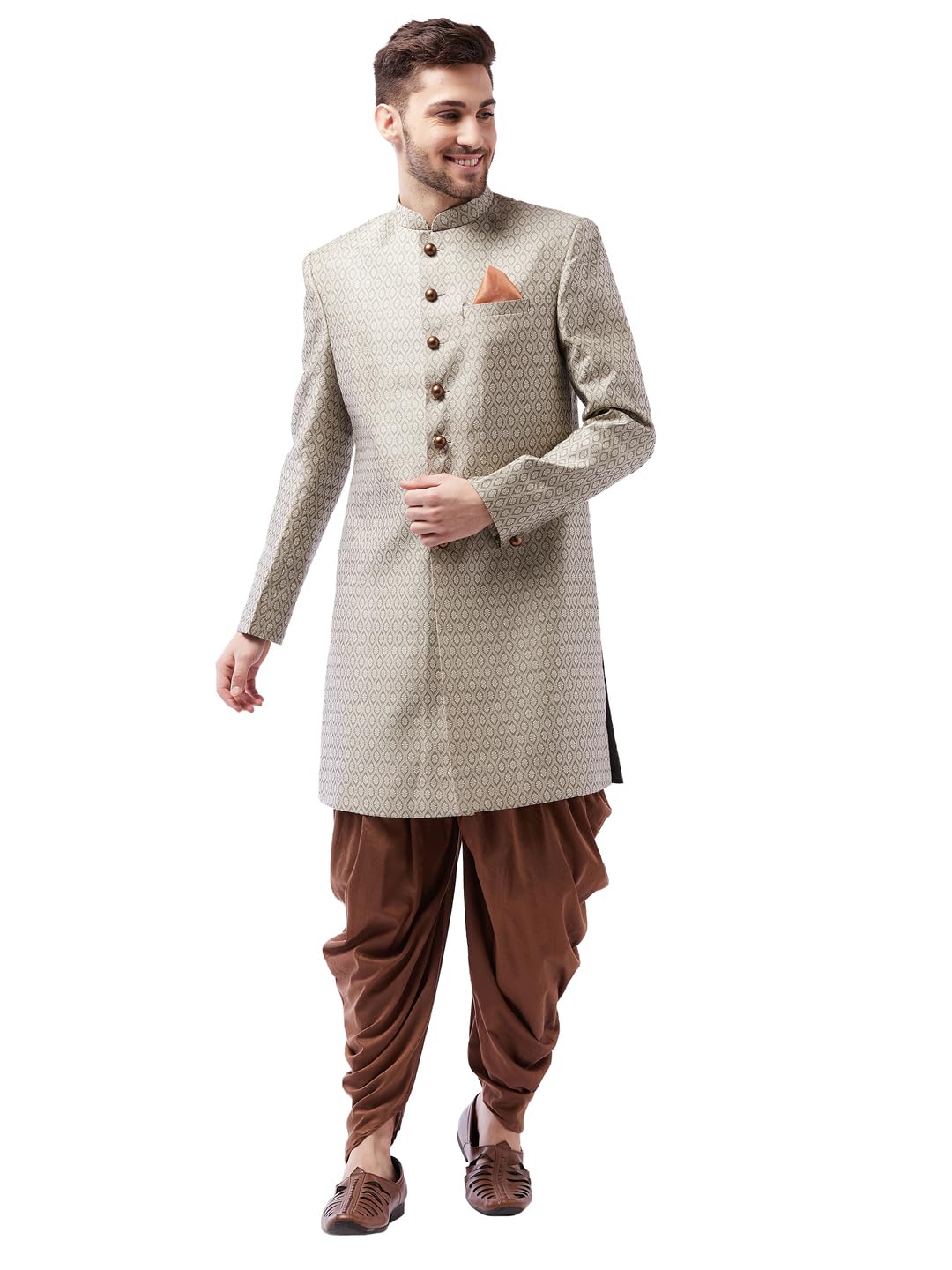 Men's Maroon And Rose Gold Silk Blend Sherwani Set