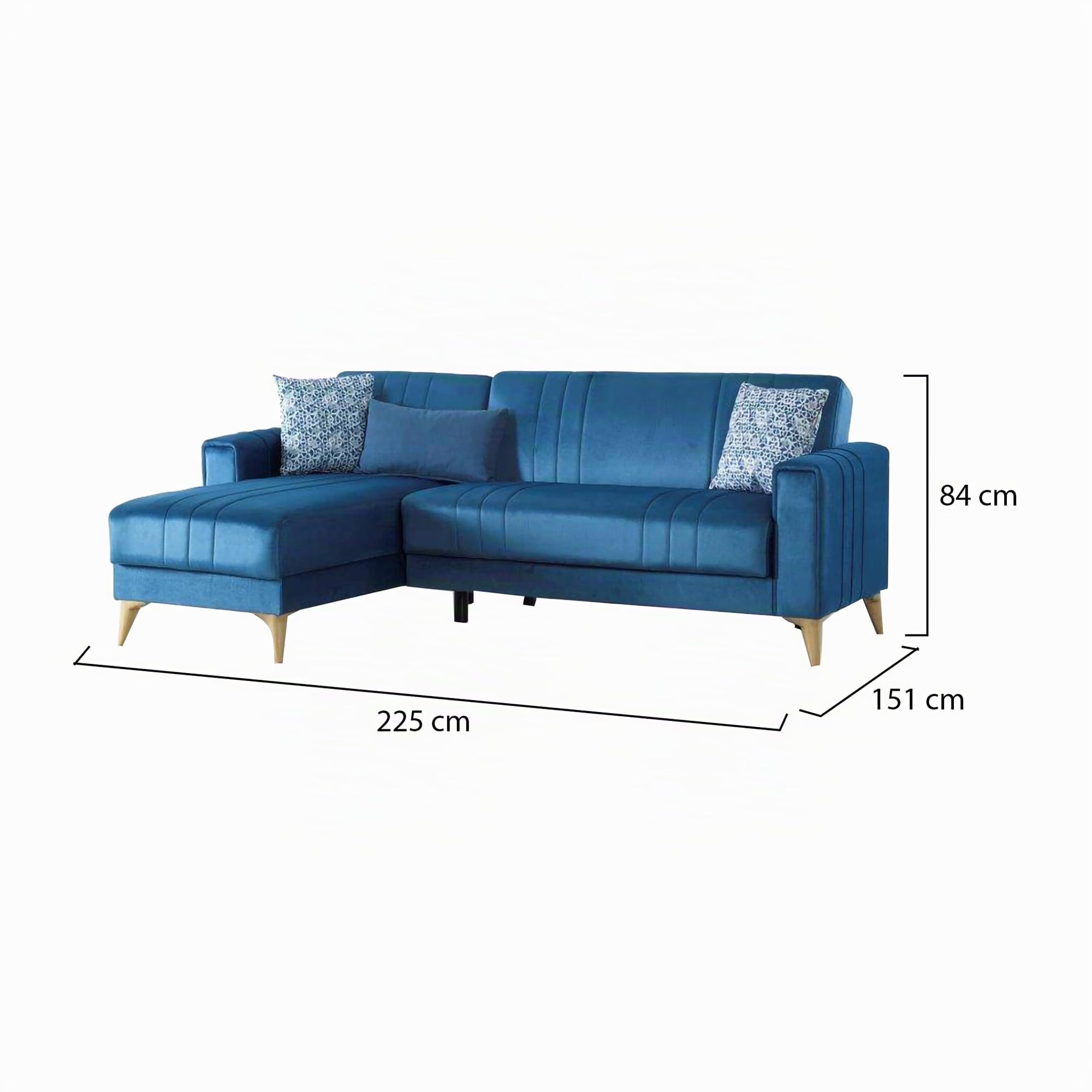 Divano Letto con penisola Miguel, Divano Contenitore ad Angolo con 3 Cuscini, Sofà in Tessuto con Apertura Click-clack, 225x151h84 cm, Blu