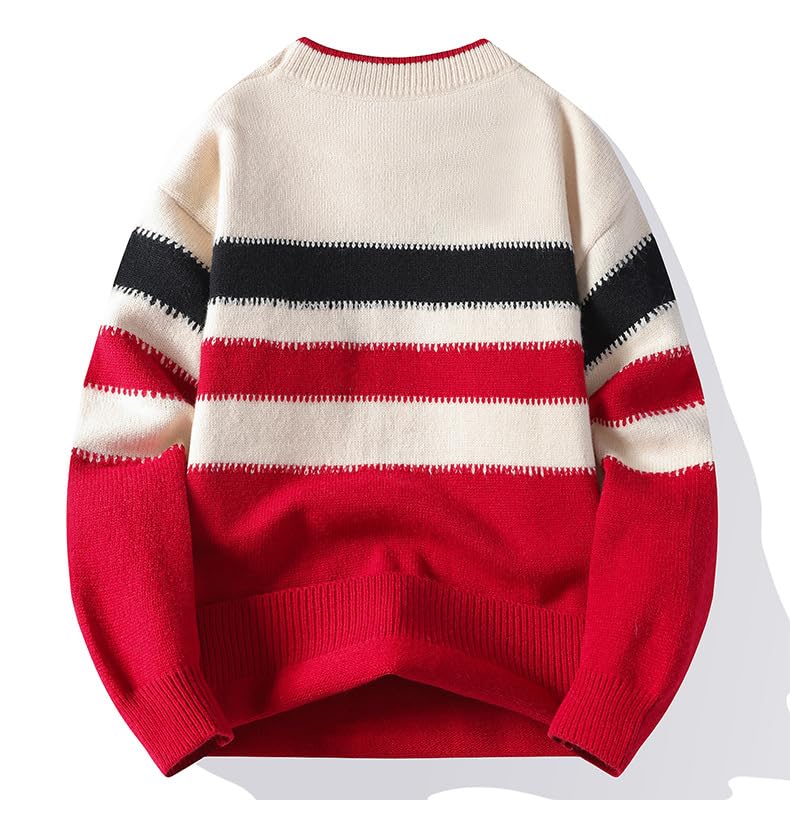 Men's Sweater Color Block Striped Round Neck Knit Pullover Loose Fit Base Layer Top for Men4