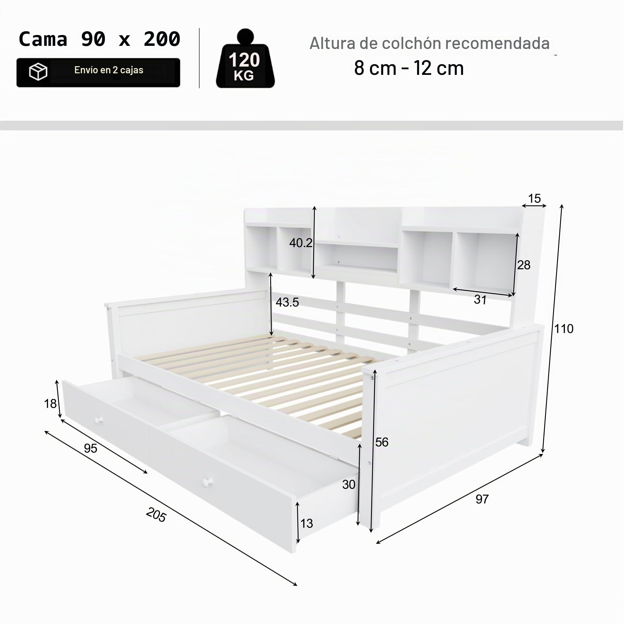 Cama Individual 90 x 200 cm Con Cajones y Estantes - Sofá Cama, Somier, Infantil, Juvenil - Madera Maciza Sin Colchón (Blanco)