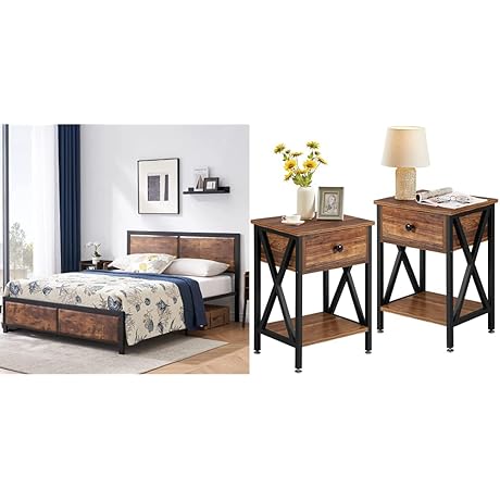 Queen Bedroom Set: VECELO Queen Platform Bed Frame with Nightstands