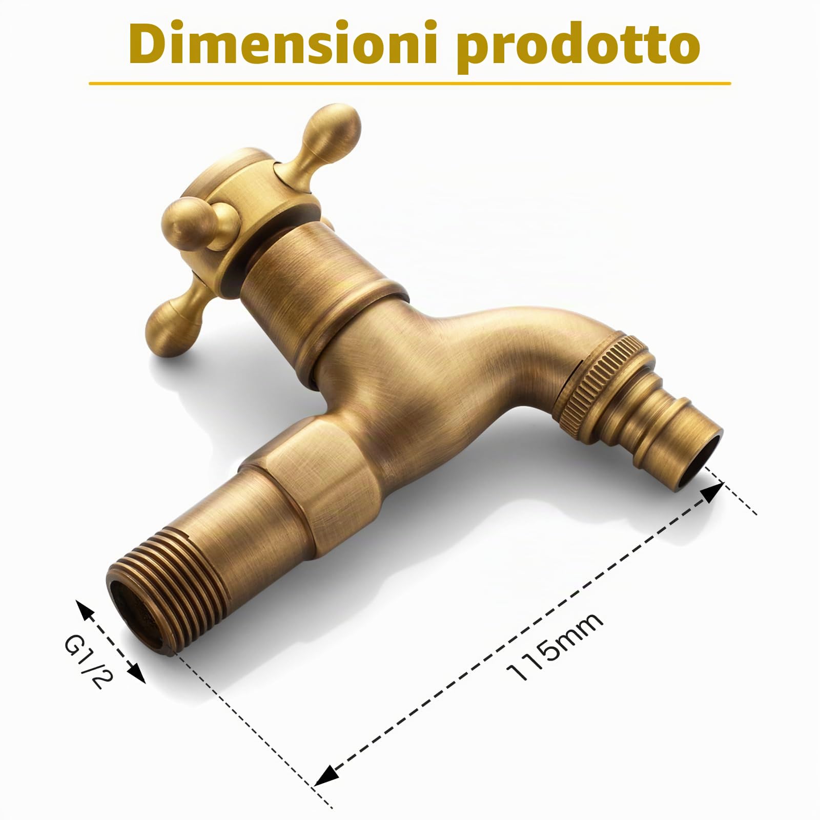 Rubinetto Giardino Ottone Antico per Lavatrice, Giardino, Esterno, Bagno e Cucina, Filettatura G1/2 (Solo Freddo)