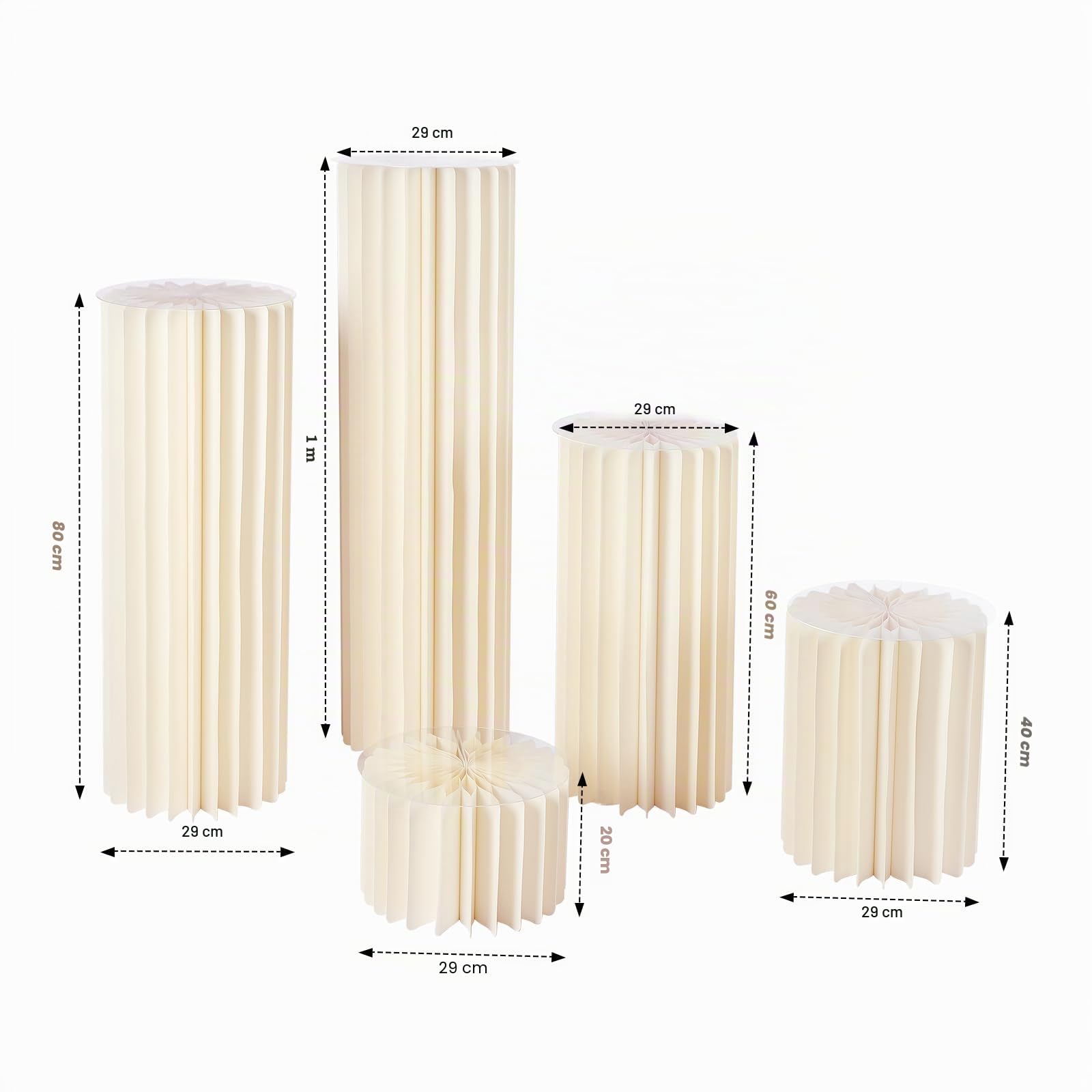 Lot de 5 supports de fleurs pliables en papier blanc, 20/40/60/80/100 cm de haut, en papier blanc, support à gâteau, support cylindrique avec panneau en PVC, présentoir pour mariage, anniversaire