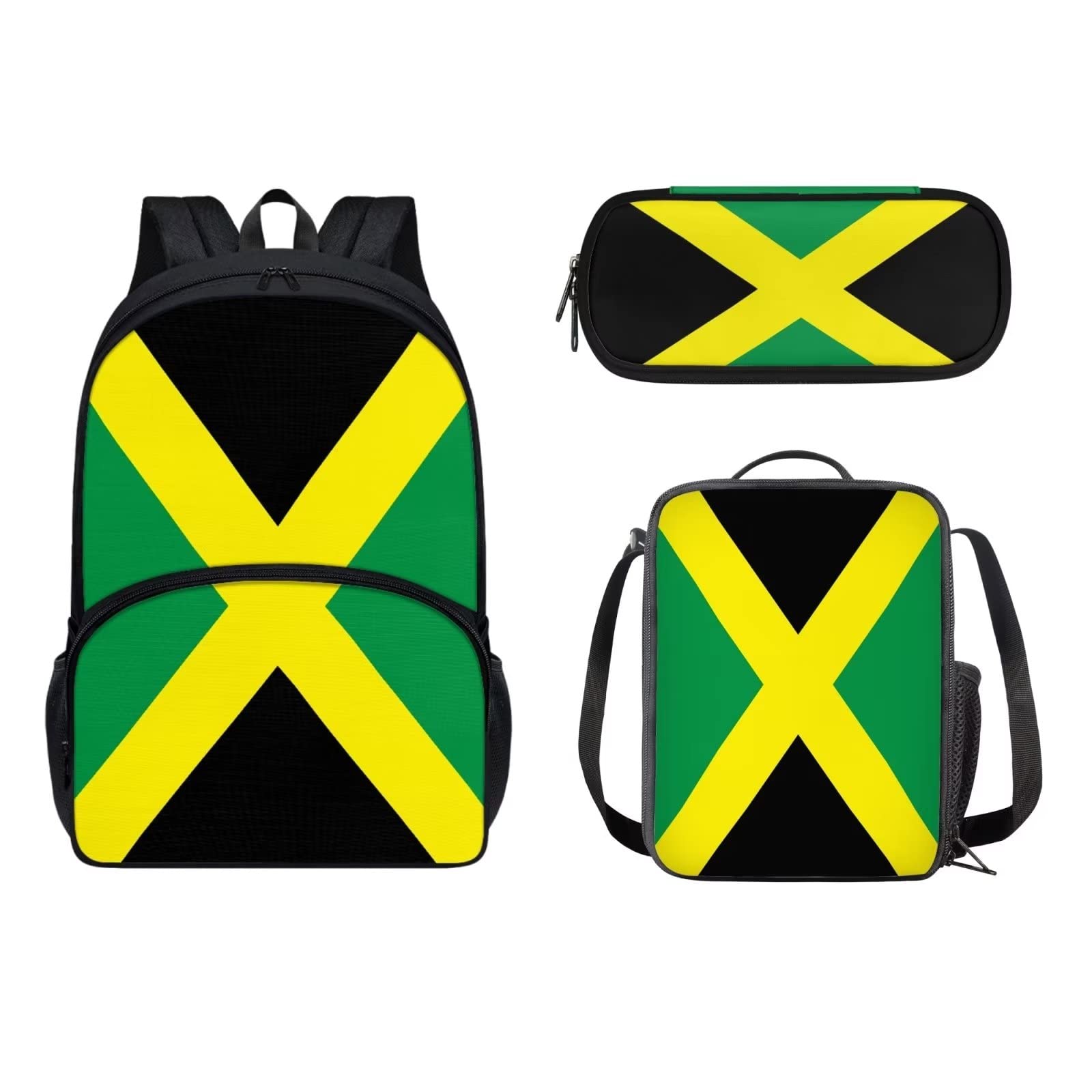 POLERO Mochila escolar de caballos para niños, juego de bolsas de almuerzo, estuche para lápices, 3 piezas, bolsas escolares, Bandera de Jamaica, Talla única, Mochila infantil