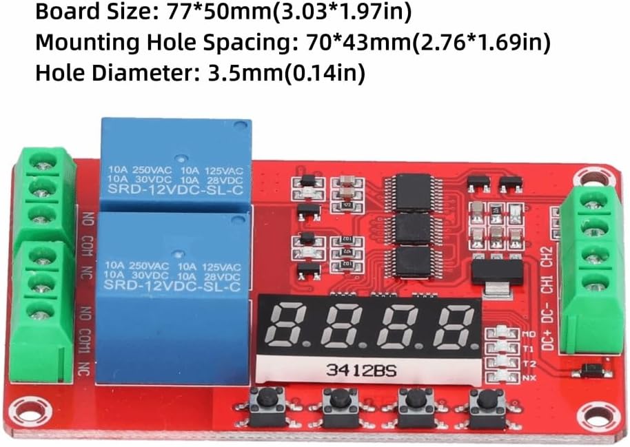 Relay Module 2-Channel 5V/12V/24V - Programmable Cycle Timer Board with LED Display and Self-Lock Function for Smart Home, Automation Control(12V)