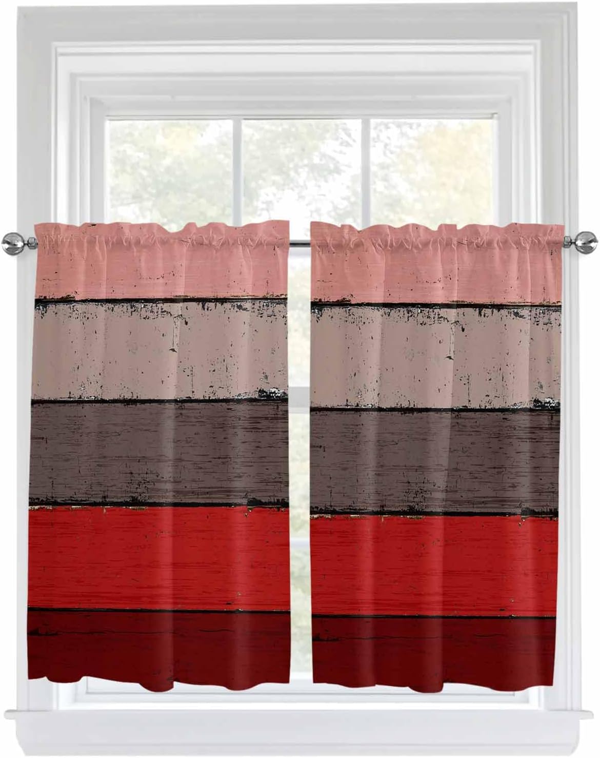 Kitchen Curtain 54 Inch Length, Vintage Abstract Red Grey Farm Bran Wooden Board Small Short Cafe Tiers Curtains Drape, 2 Panel Window Treatment Rod Pocket Drapery Panels Curtains 84x54