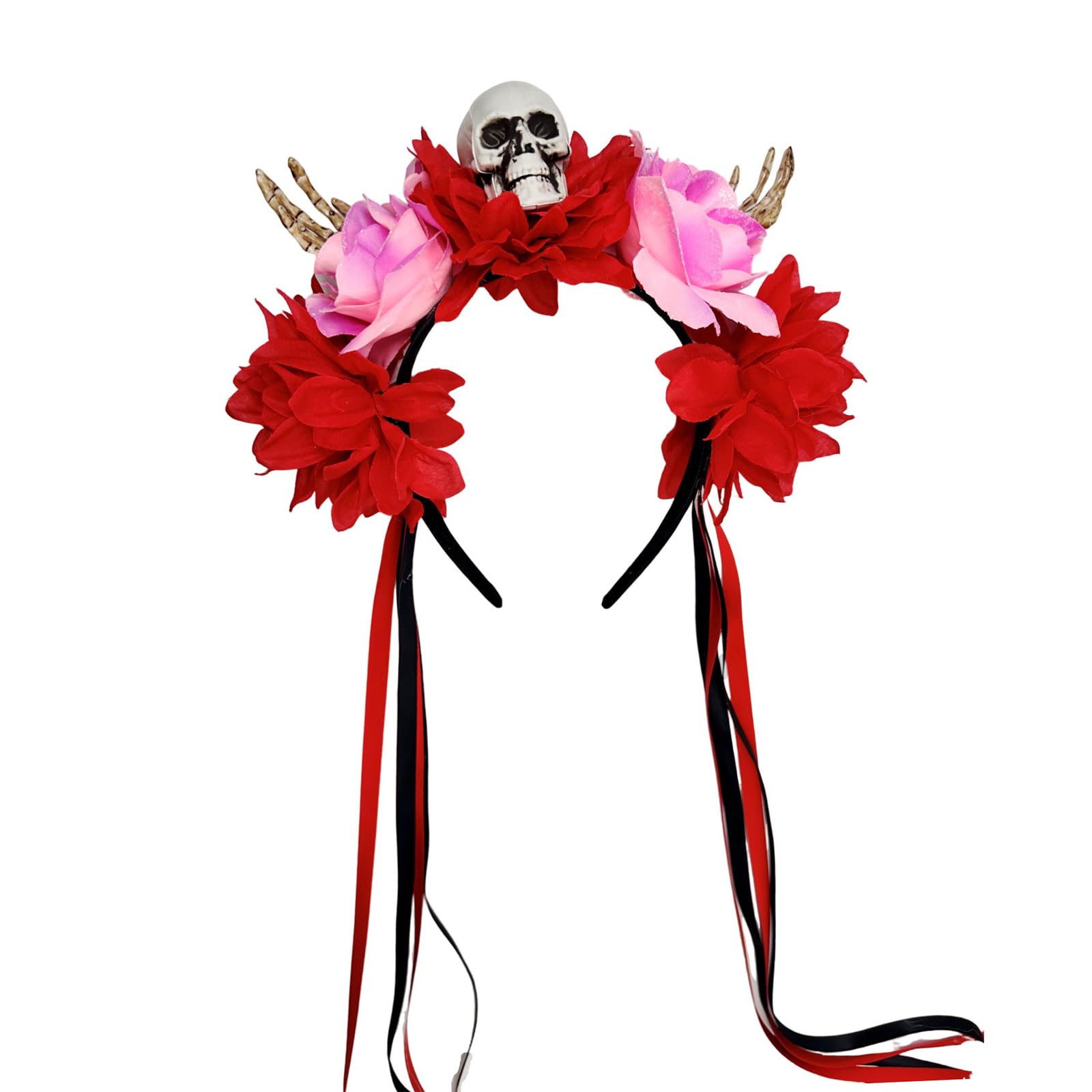 MICFENY Adjustable Skull Headpiece With Floral Skeleton Hands Halloween Hairband For Women Men Costume Accessories