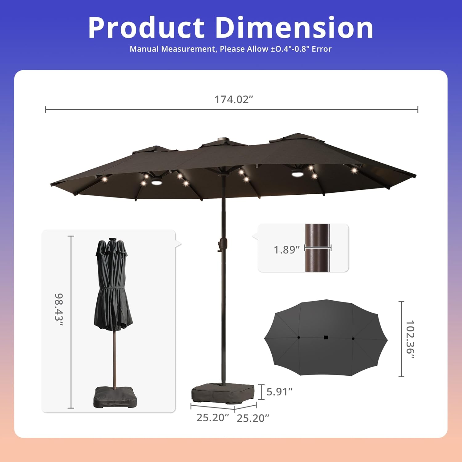 15ft Large Patio Umbrellas with Solar Lights, Outdoor Rectangle Double-Sided Market Umbrella with Stand,Outside Umbrellas with Base Include for Poolside Lawn Backyard, Ivory,Pool,Dark Grey
