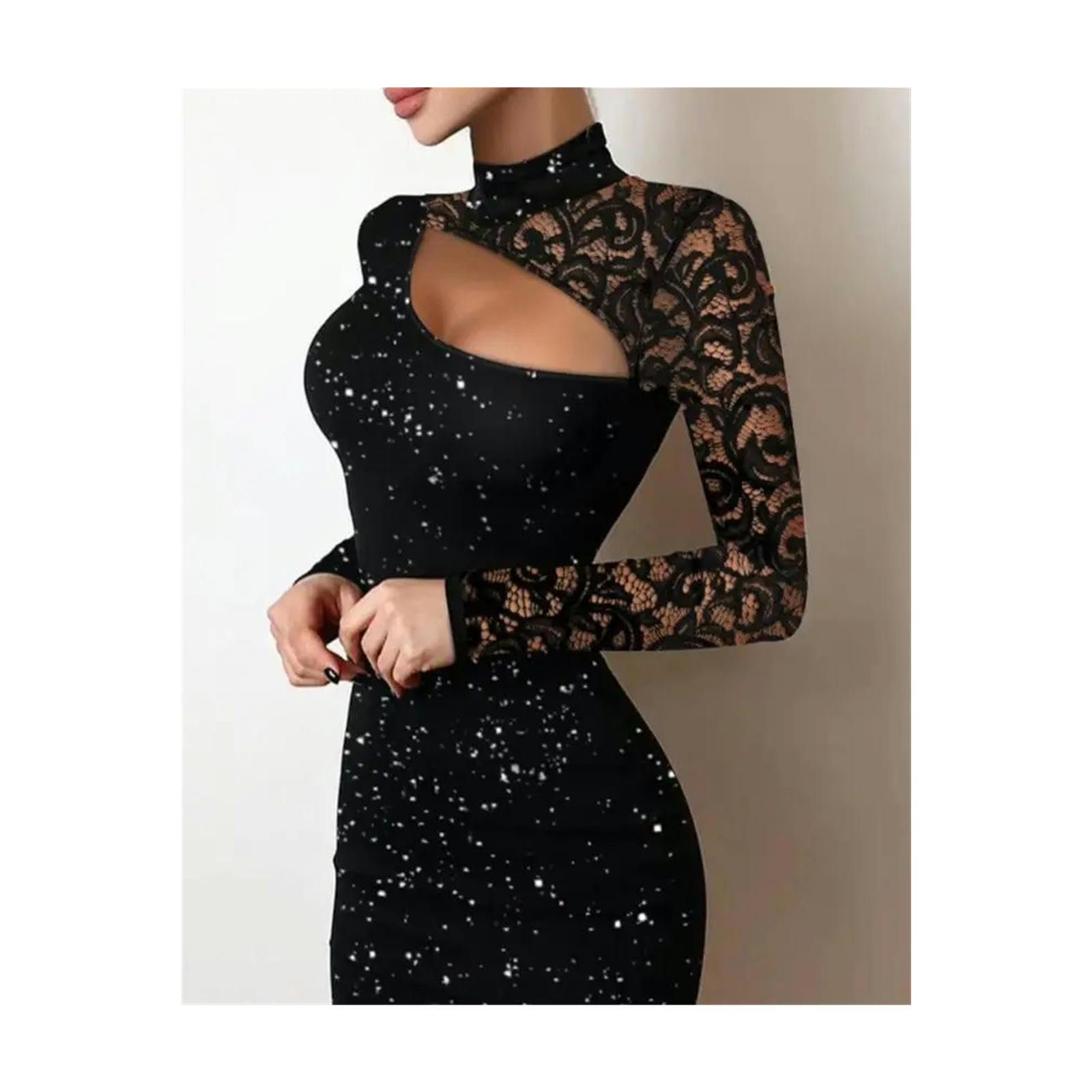 Vestito Donna Abiti da Sera per Donne Eleganti Sexy da Festa Sexy in Pizzo Ritaglio A Maniche Lunghe Mini Abito-Un-m