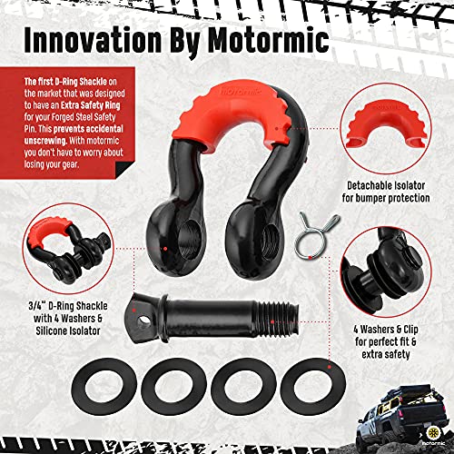 Motormic Unique Shackle Hitch Receiver 2” + 5/8" Trailer Lock Pin and 3/4" D Shackle (35,000 lbs Max Capacity) – Heavy Duty Off Road Recovery Black D Ring with 4 washers + Red Isolator for Towing