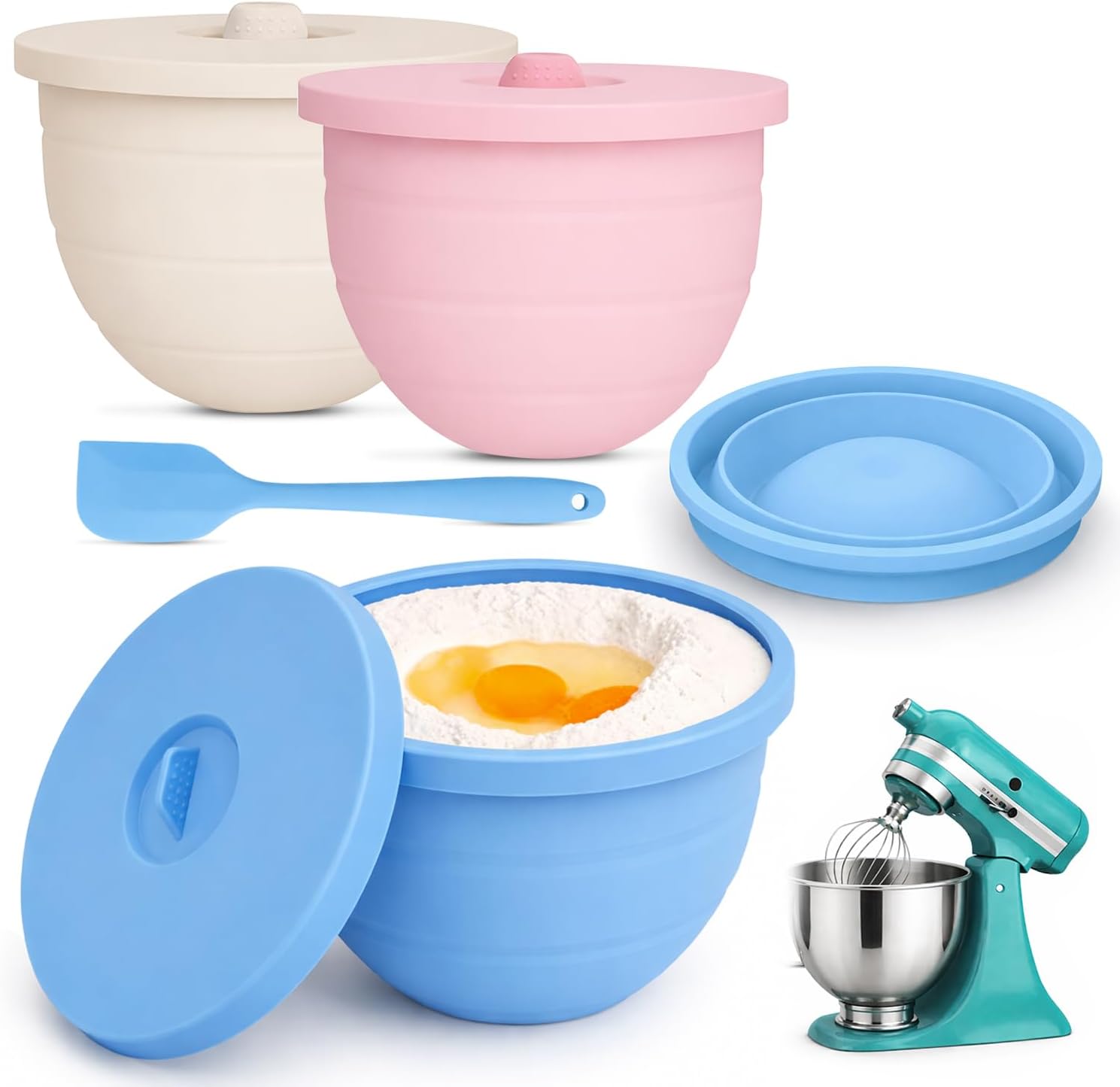 Set of 3 Silicone Bowl Liners for KitchenAid 5 Qt Stand Mixer with Lids, 3mm Thick Non-Stick Silicone Mixer Bowl Insert, BPA Free, Dishwasher Safe Stand Mixer Bowl Liners & Spatula