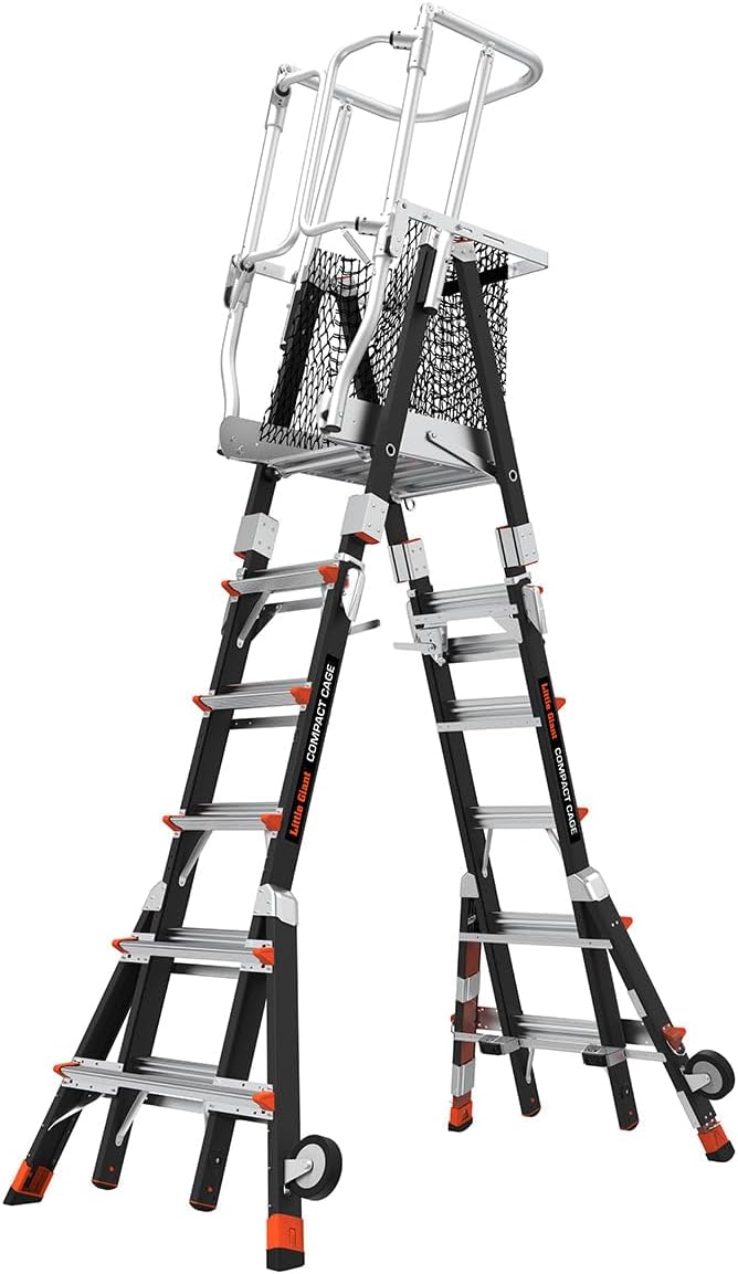 Compact CAGE, 6'-10' Model - ANSI Type IAA - 375 lb Rated, Fiberglass Adjustable Enclosed Elevated Platform with Side-tip Wheels and Ratchet Levelers