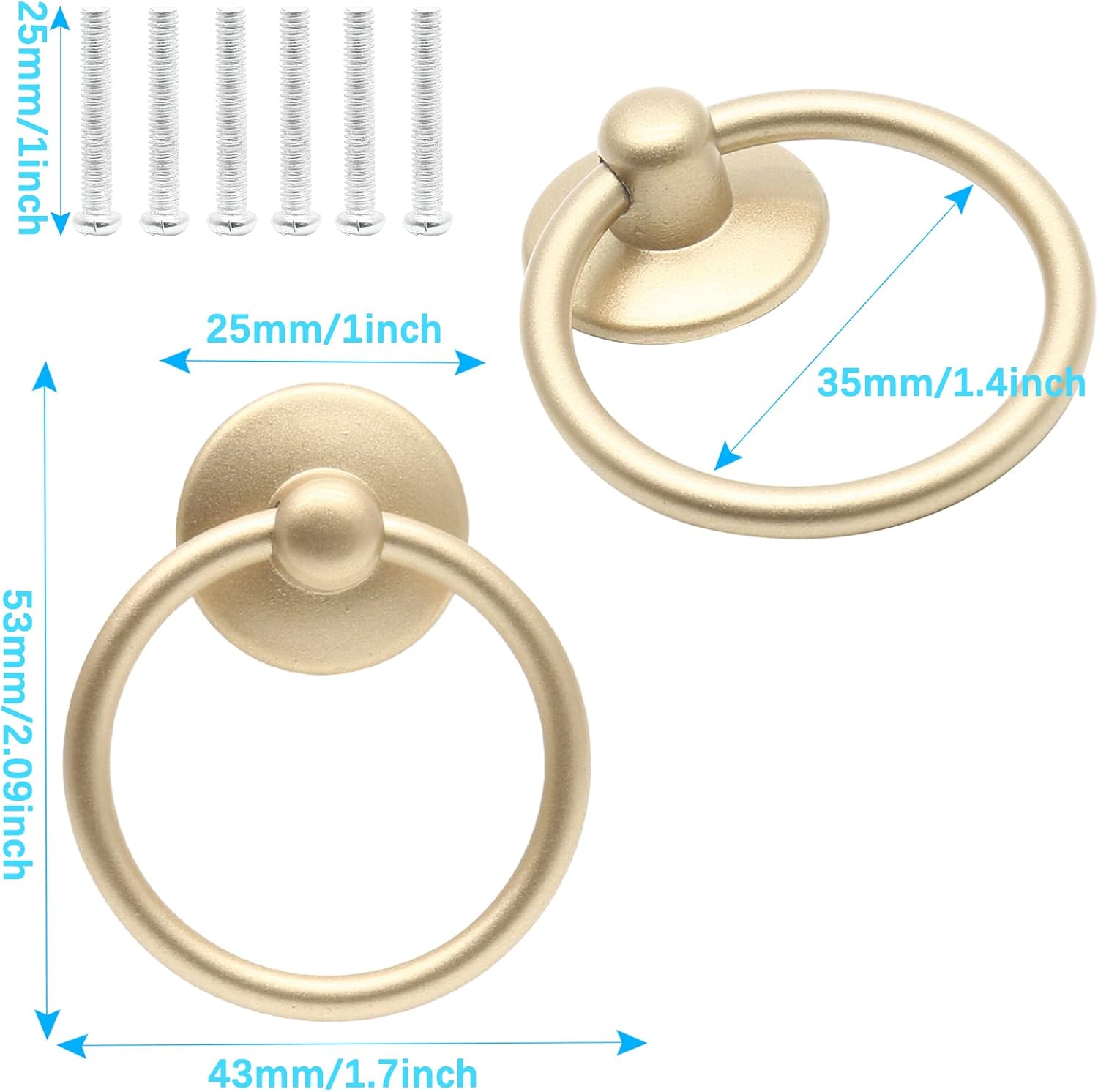 Piutouyar 12Pcs Cabinet Ring Pull Handle Vintage Drop Ring Drawer Pulls Metal Ring Knobs for Door Cupboard Drop Dresser(Gold, 44mm/1.7inch OD)