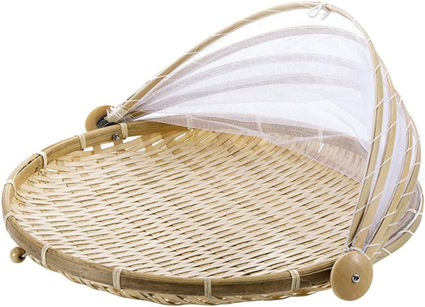ACAMPTAR 1Pc Hand Woven Bug Proof Basket Dustproof Picnic Basket Handmade Fruit Vegetable Bread Cover Wicker Basket With Gauze