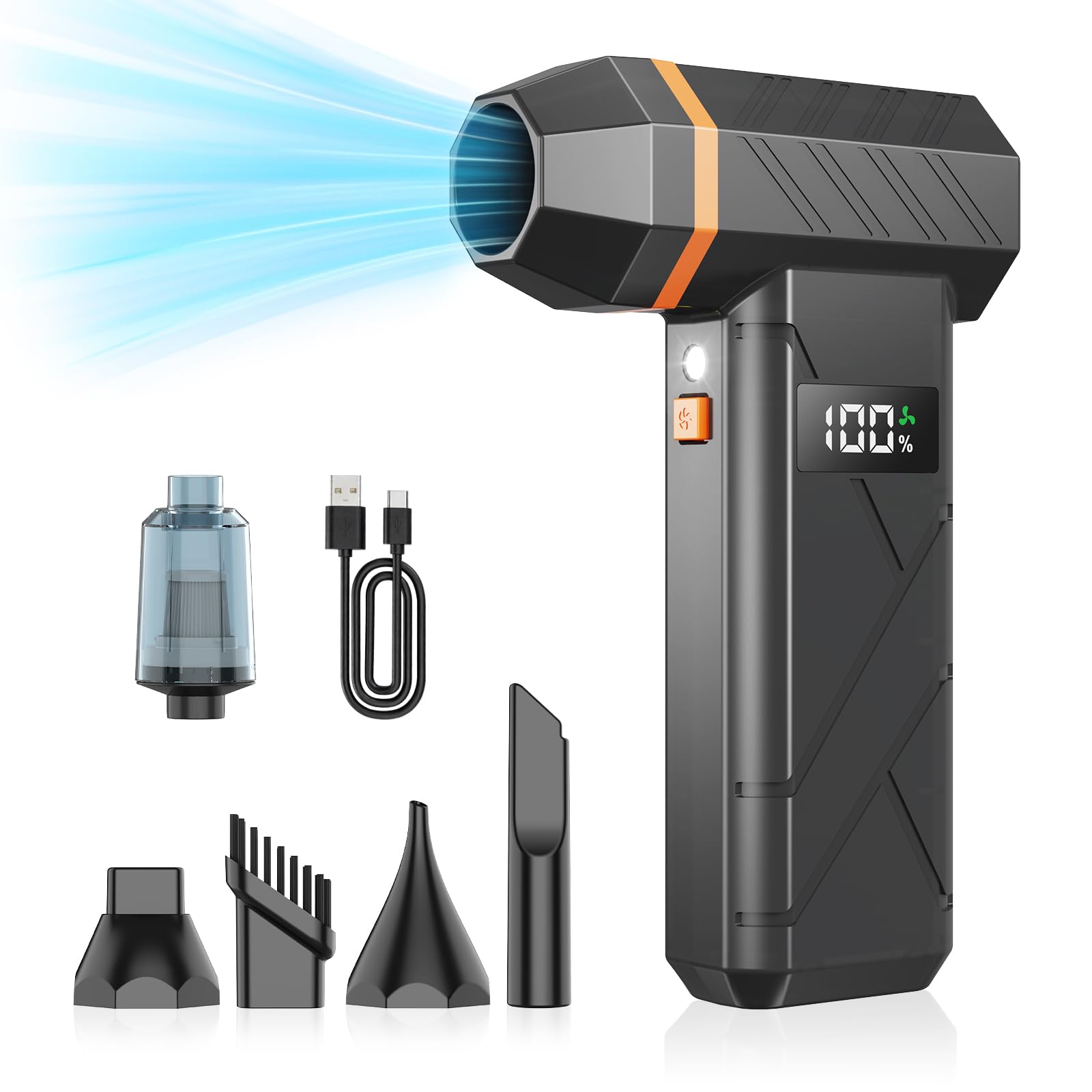 Photo 1 of Dzaki Compressed Air Duster & Vacuum 2-in-1, 140000RPM Electric Air Duster, 4-Gear Adjustable Rechargeable Cordless Dust Blower with LED Light Fast Charging for Keyboard PC Car Home Outdoor-Orange