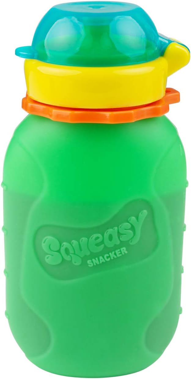 Squeasy Snacker (180ml, Green) - Green 180ml Spill Proof Silicone Reusable Food Pouch - for Both Soft Foods and Liquids - Water, Apple Sauce, Yoghurt, Smoothies, Baby Food - Dishwasher Safe