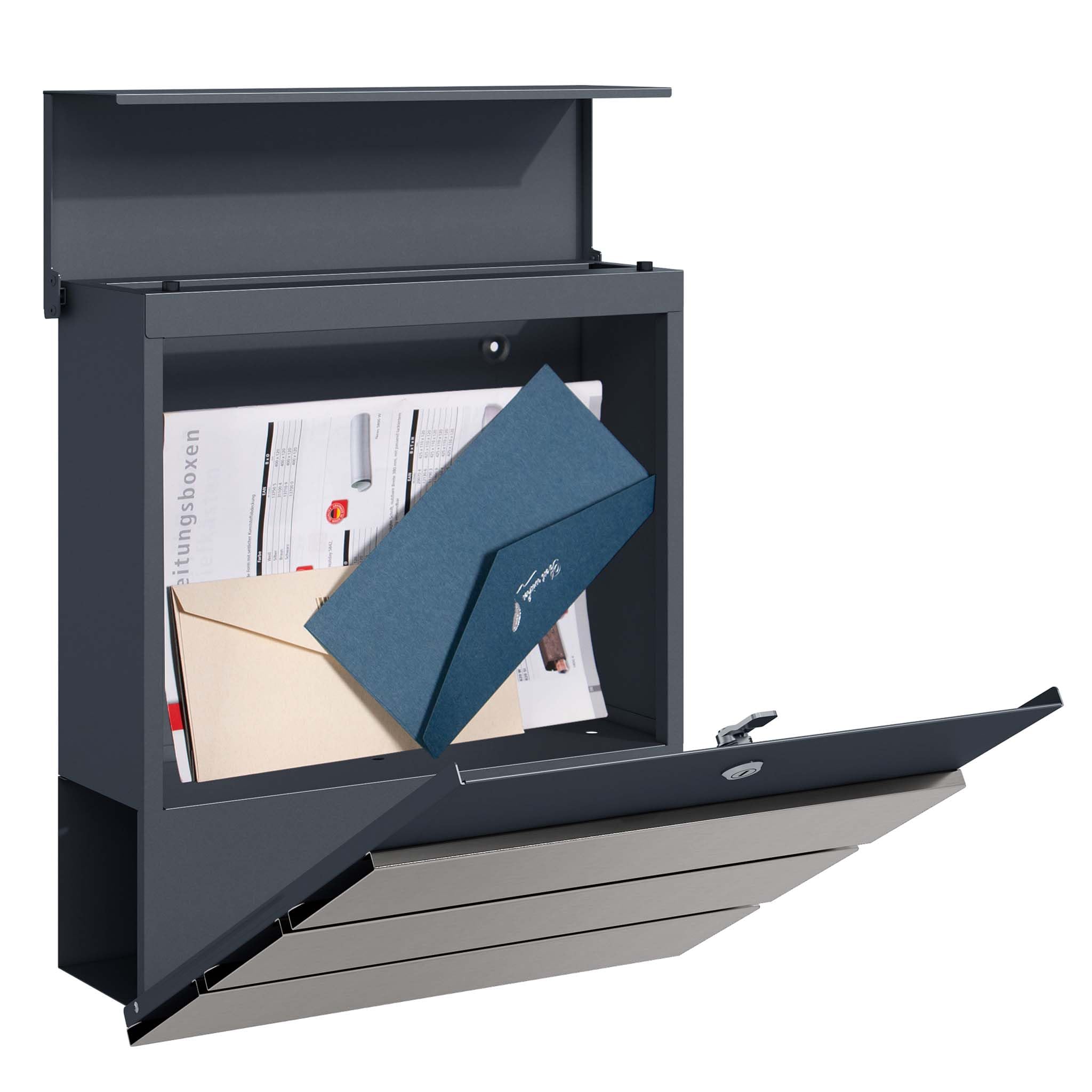 Buzón de diseño V62 Antracita/Acero INOX V64 410 x 130 x 370 mm de Pared con Cerradura y Hueco para periódico Hecho en Acero INOX V64 con Recubrimiento en Polvo