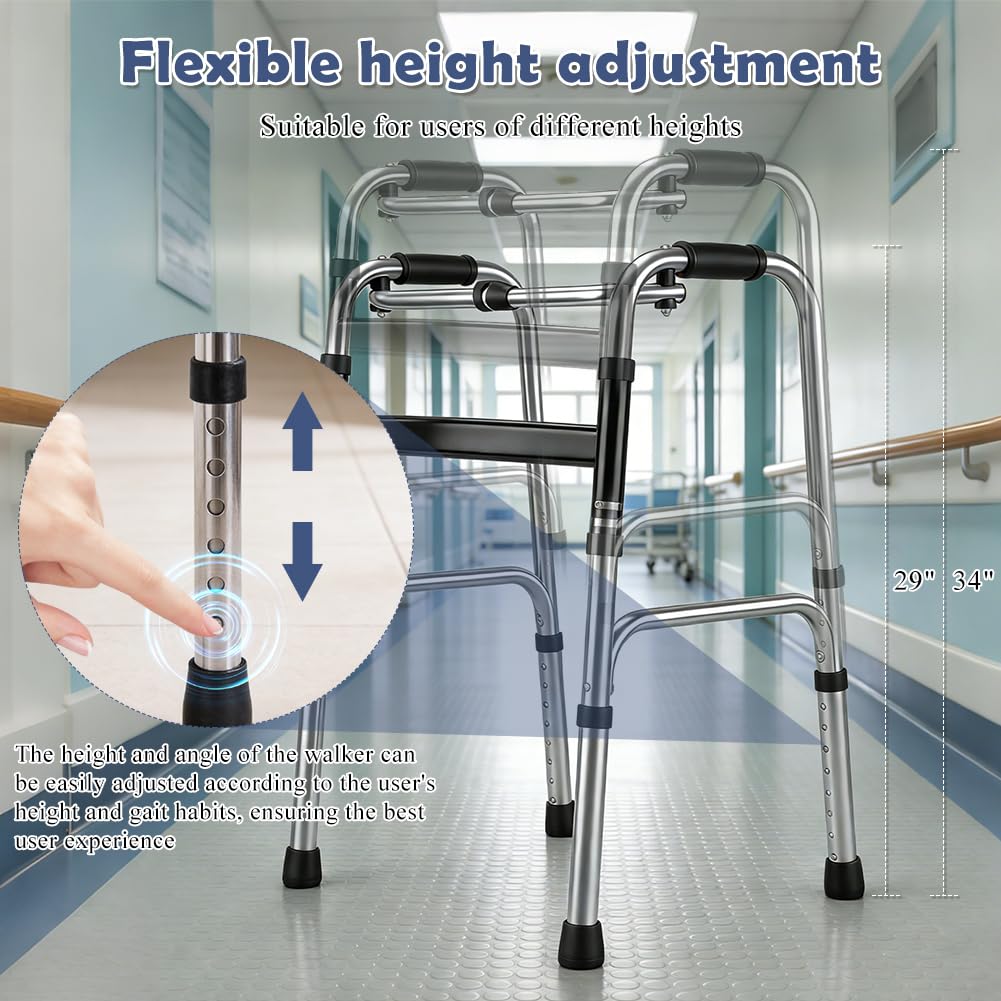 Andador de aluminio, altura ajustable, andador fácil plegable para personas mayores y adultos, andador sin ruedas con almohadillas antideslizantes para los pies para casa y viajes