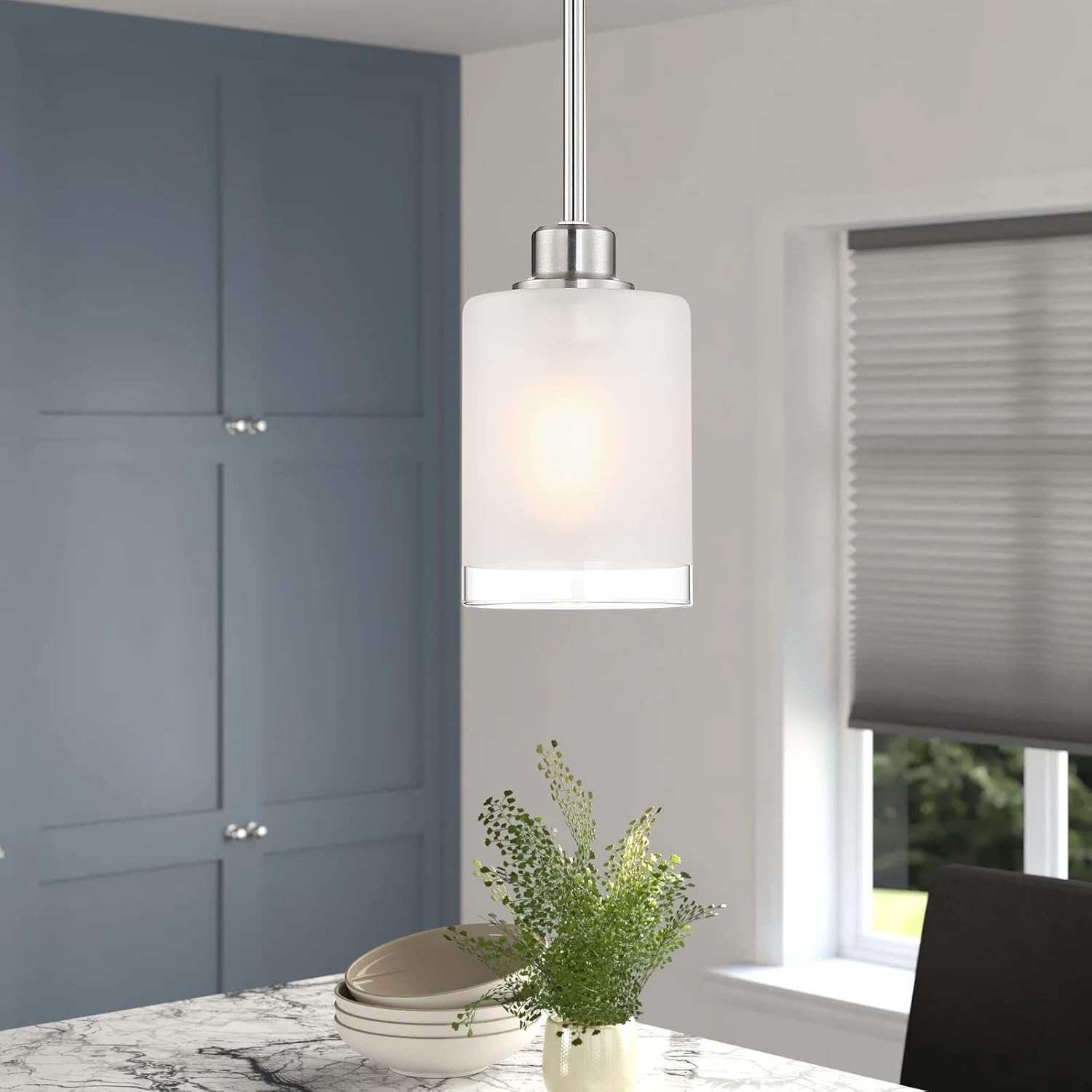3 Pack 1-Light Industrial Farmhouse Kitchen Island Pendant Ceiling Light Frosted Glass Fixture,Brushed Nickel Finish for Bedroom Hallway Dining Room Entryway Over Sink