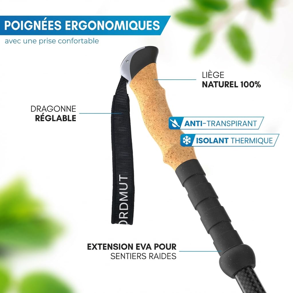 NORDMUT® Bâtons de Randonnée Pliables en Aluminium ou Carbone Ultra-léger – à partir de 1,50 m ou 1,65 m – Bâtons de Trekking Stables avec Poignées Ergonomiques –