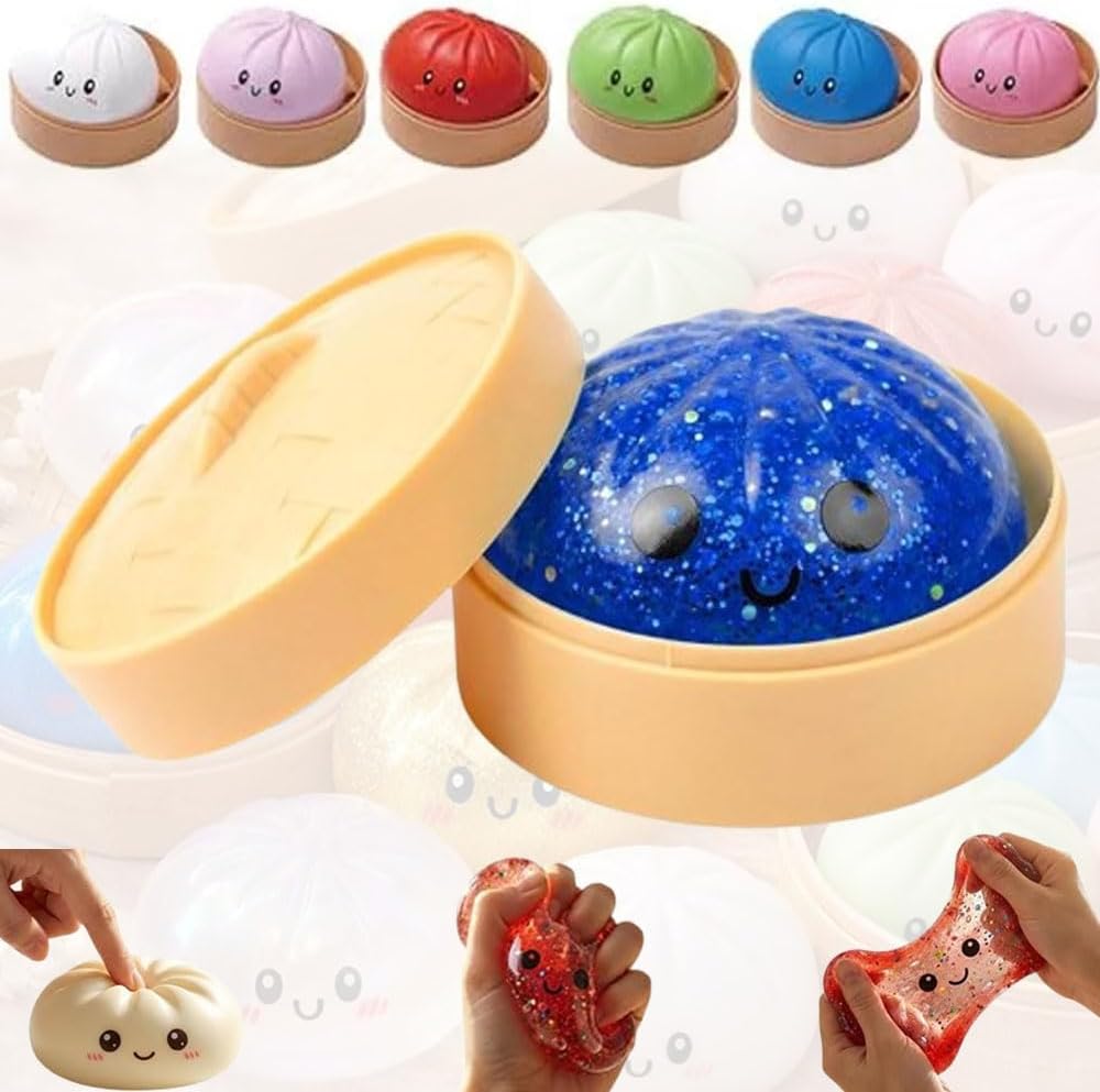 Dumpling Squishies, 2026 Upgrade Squishy Dumplings Stress Balls, Soft Squeezy Dough Ball Easter Basket Stocking Stuffers with Food Steamer Stress Relief Desk Fidget (Blue B)