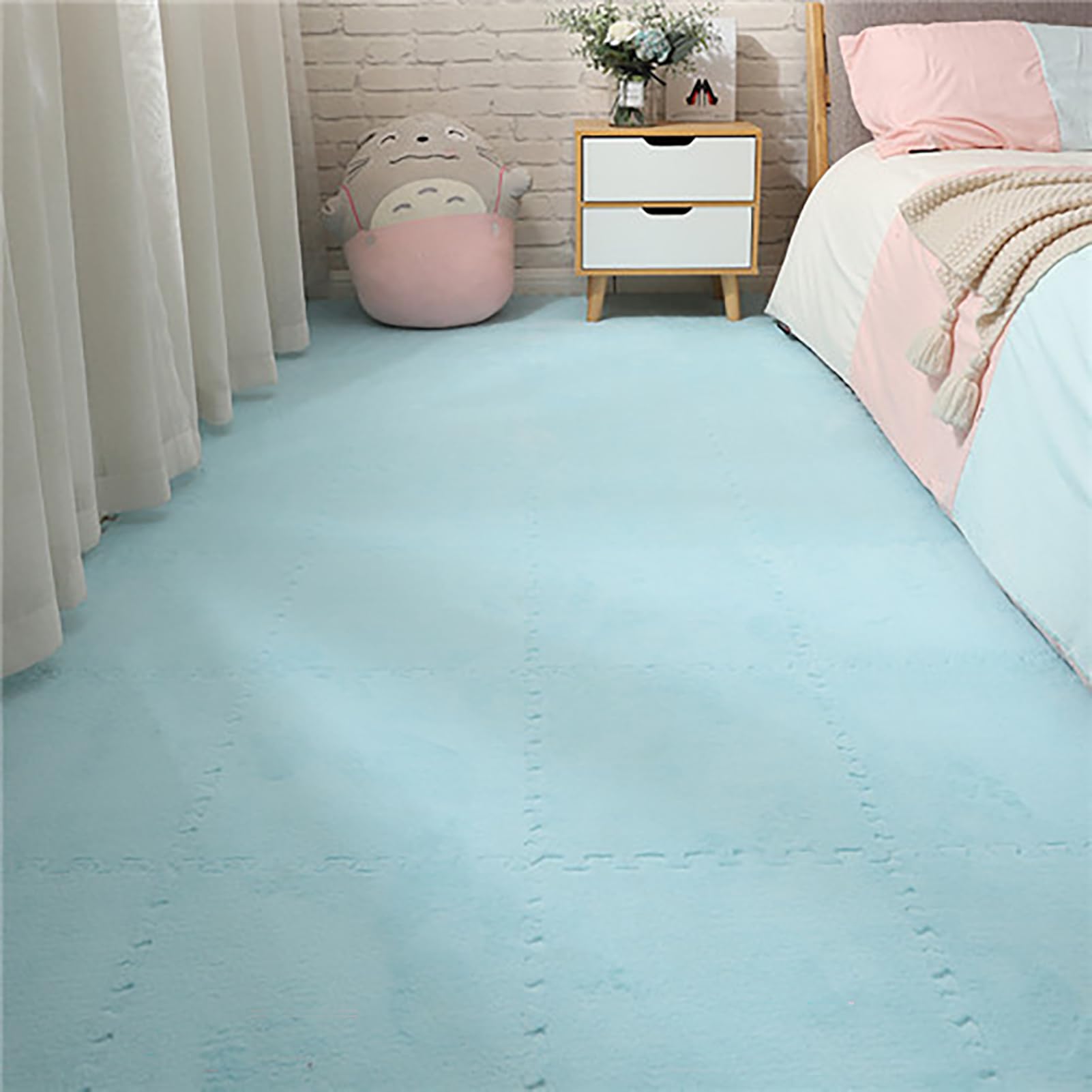 Tapis de salon puzzle bleu clair : dalles de sol en mousse peluche