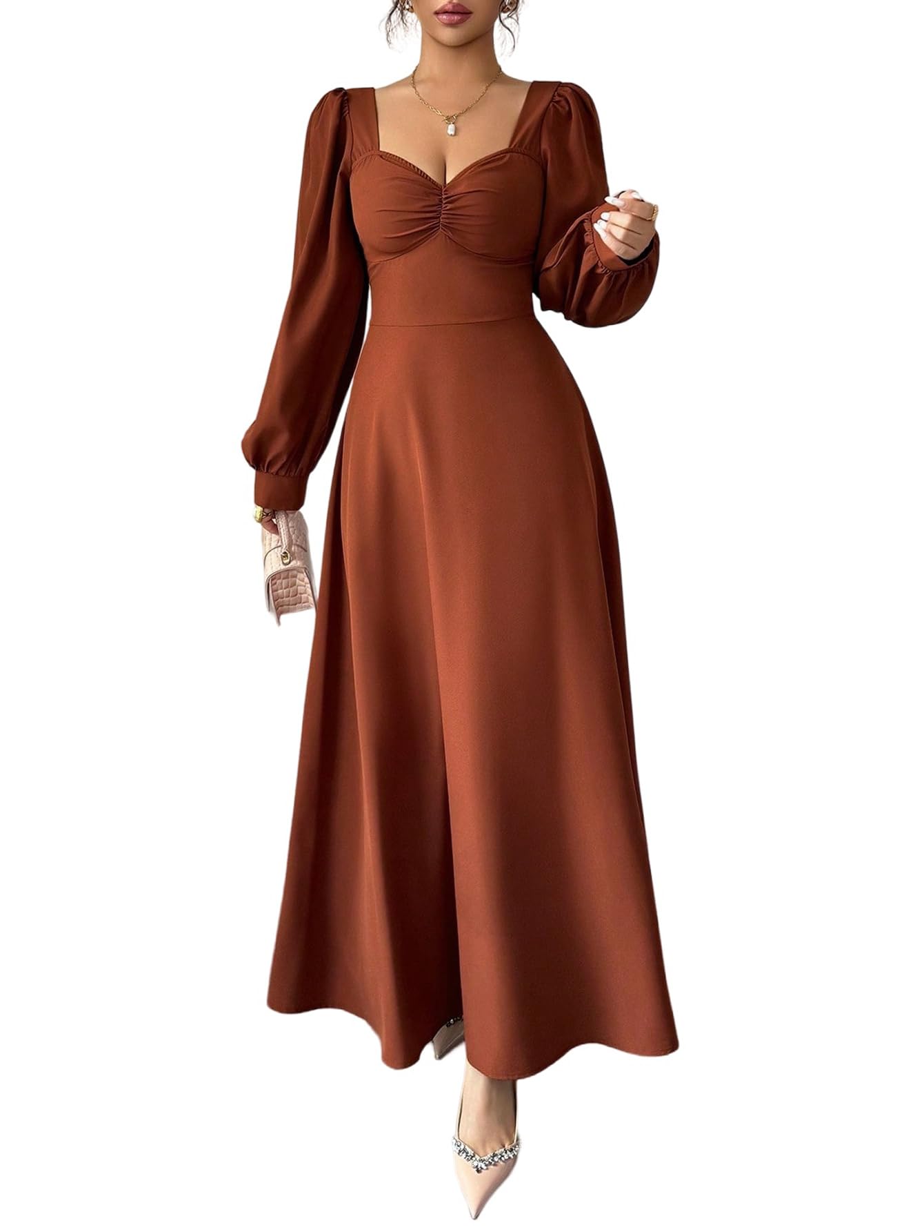 SweatyRocks Winterkleider Damen Lang Maxikleid Langarm Abendkleider Elegant Hochzeitsgast Kleid A Linie Frühlingskleid Blusenkleid