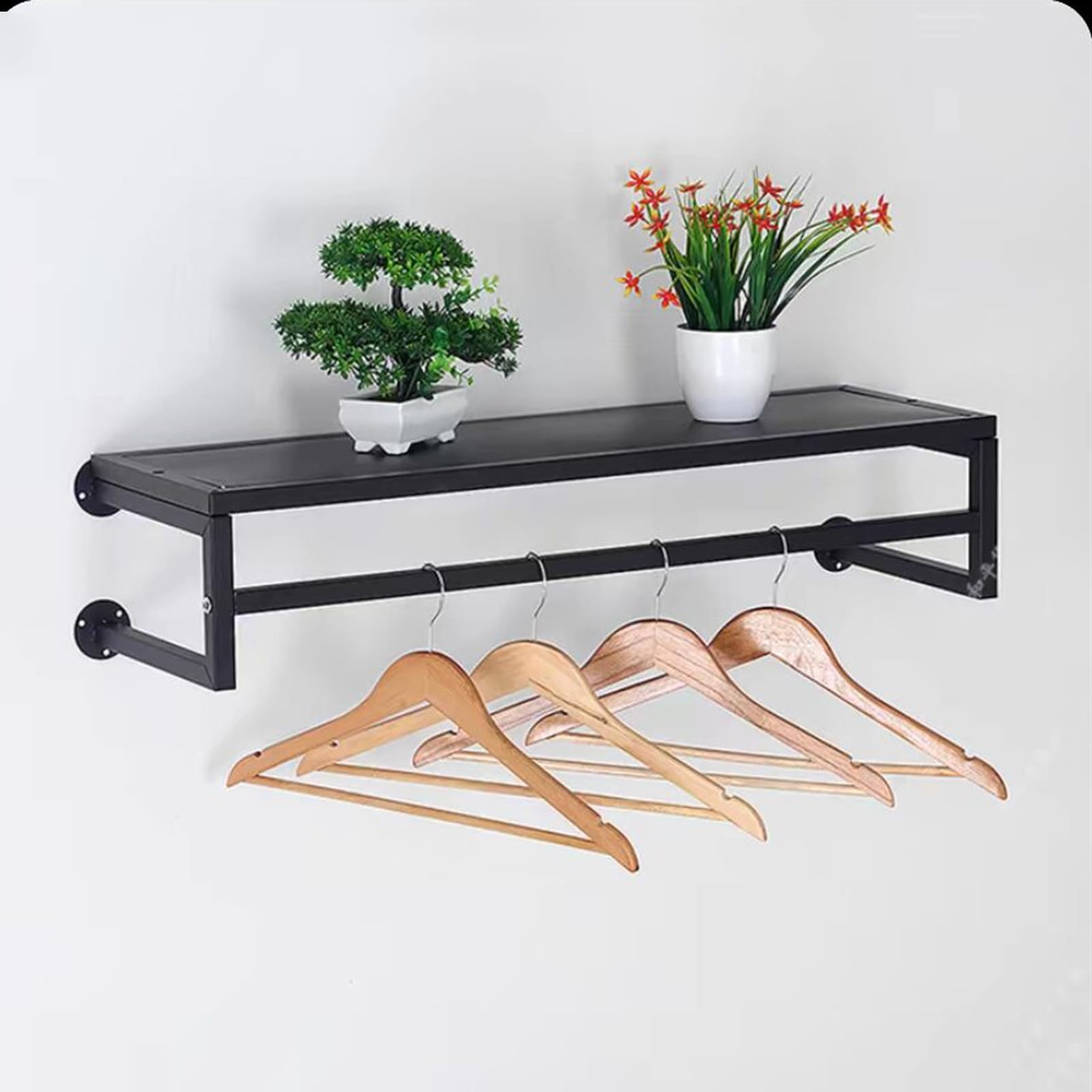 Żelazny wieszak ścienny z wiszącą półką i drążkiem na ubrania - Stylowy organizer na ubrania do rozwiązań do przechowywania w domu, 100 cm, stojak na płaszcze czarny