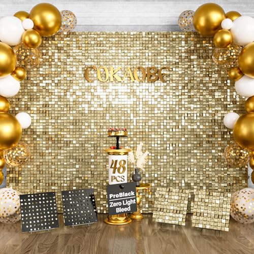 COKAOBE ProBlack Series Shimmer Wall Backdrop 48 Pcs Light Gold Square Sequin Glitter Backdrop Panel Black Back Not See-Through Design Perfect for Birthday Graduation Wedding and Party Decoration
