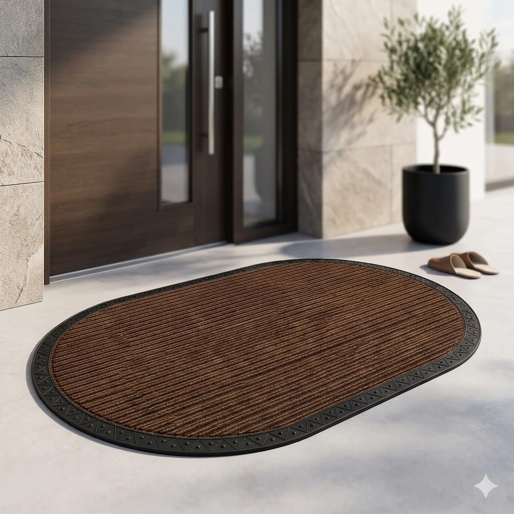 Heavy Duty Front Door Mat 60 x 100 cm, Outdoor Indoor Welcome Mat, Non Slip Dirt Trapper Entrance Rug for Entryway, Patio & Porch,Washable Low Profile Foot Mat (Brown Oval 2 x 3.2 feet)-image-21