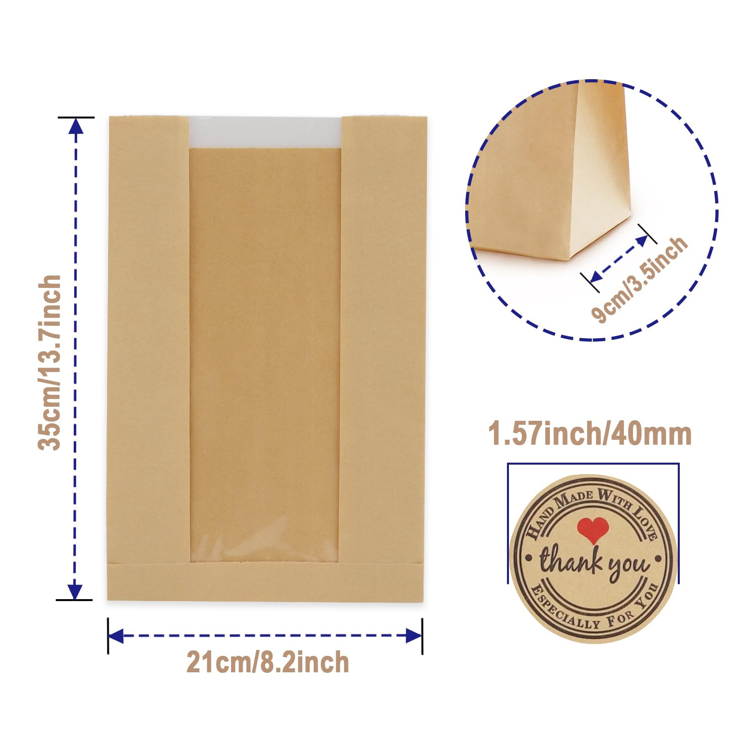 Paquete de 35 bolsas de pan de papel para pan casero, bolsa de panadería de papel para almacenamiento de envases de alimentos horneados, bolsa grande de pan de papel kraft con etiqueta de ventana