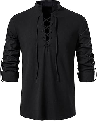 Mens Renaissance Shirt Vintage Henley T-Shirt Linen Long Sleeve Lace Up Shirts Pirate Medieval Viking Top Halloween