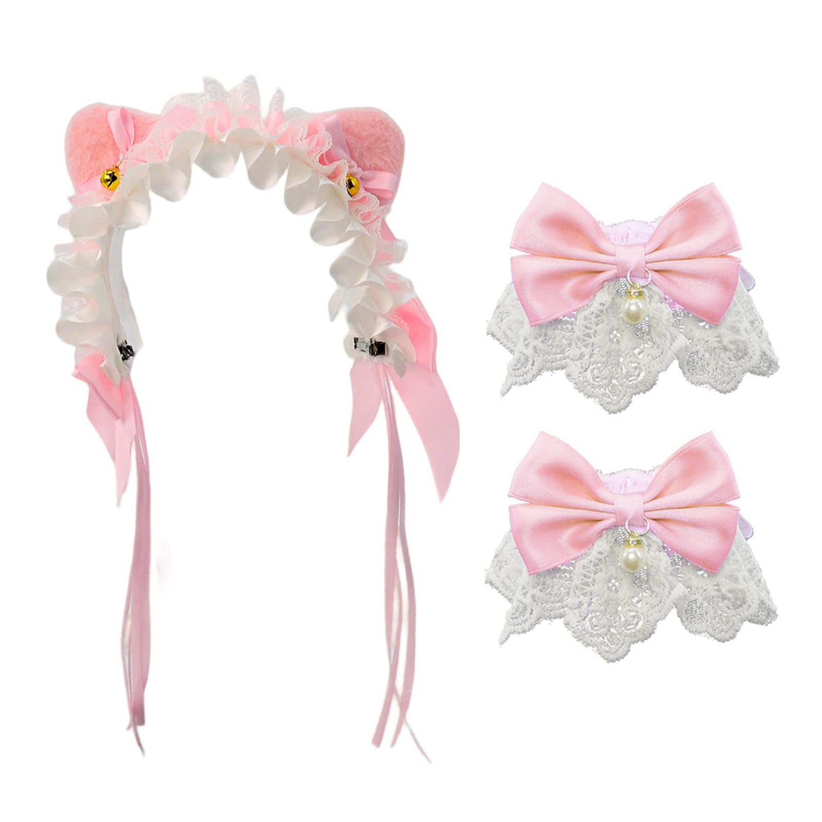 YUXITA Adjustable Lace Cats Ear Headbands With Bowknot And Bells Bracelet Costume Wirst Cuff For Women Girls Cosplay Party