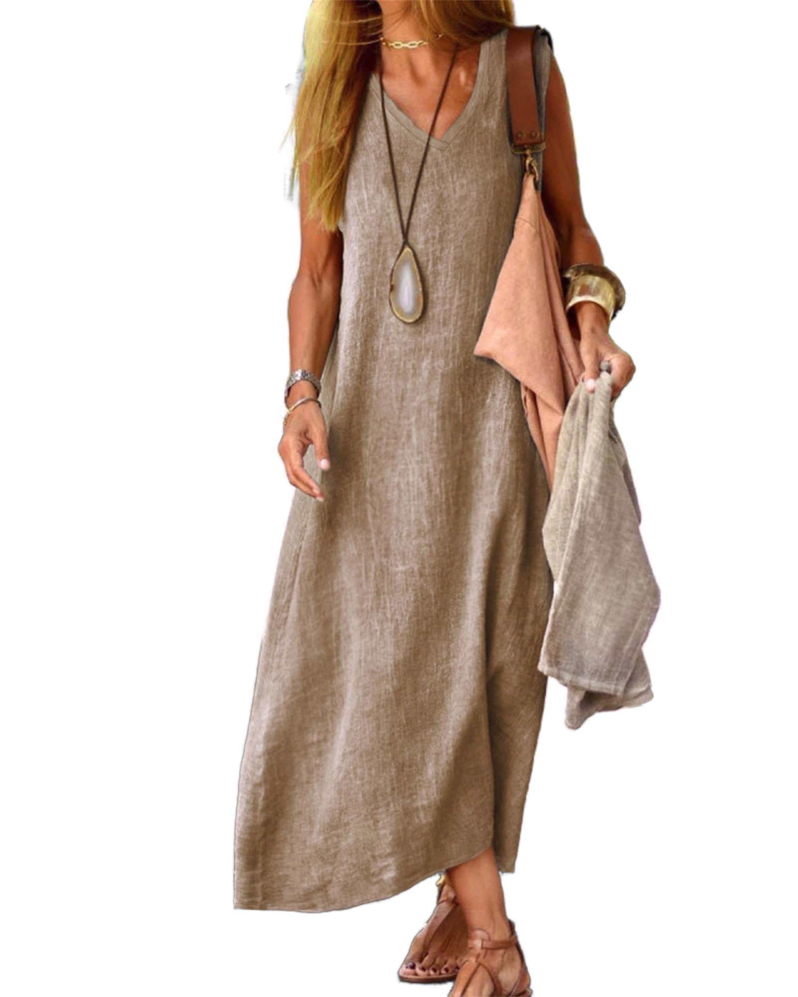 LOAIHA Womens Cotton Linen Plus Size Sun Dress with Pockets,Summer Sleeveless Maxi Dress for Women Loose Casual Tank Dress