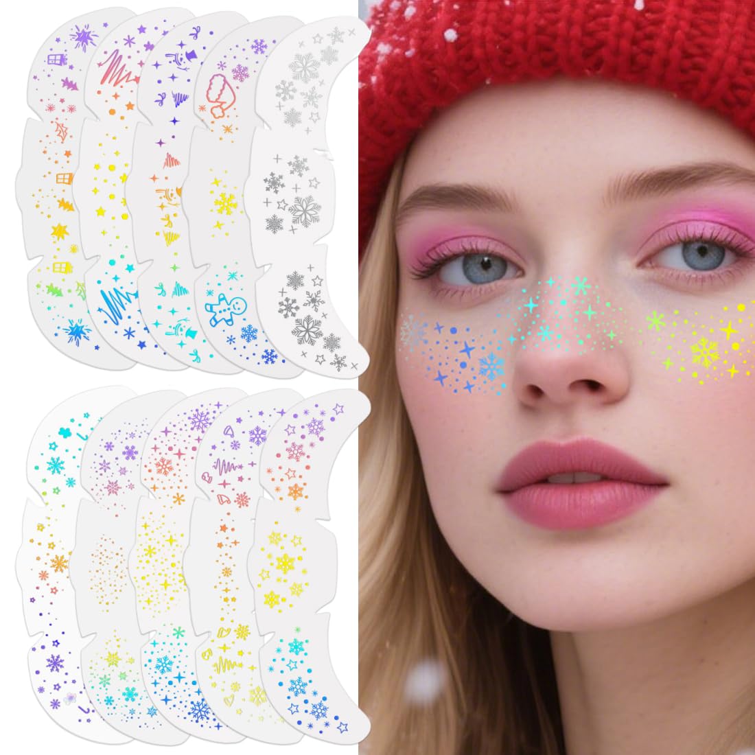 Tomedeks Freckle tattoo 10pcs,glitter temporary tattoos for kids adults,Christmas glitter freckles face tattoo,Including snowflakes