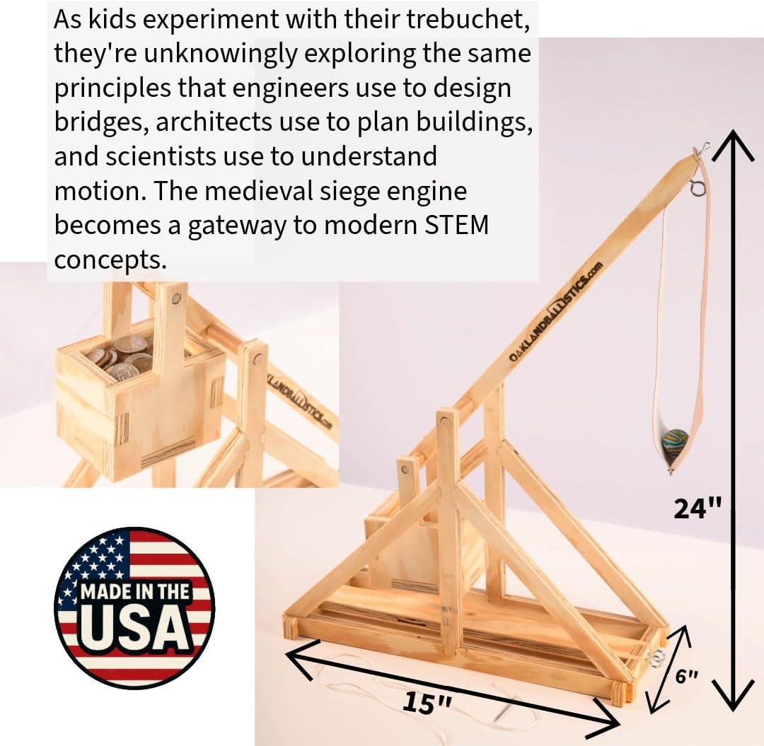 Wood Trebuchet kit for 12 and up, Fully Adjustable, launches 30+ ft. Made in America, Updated Design for 2025