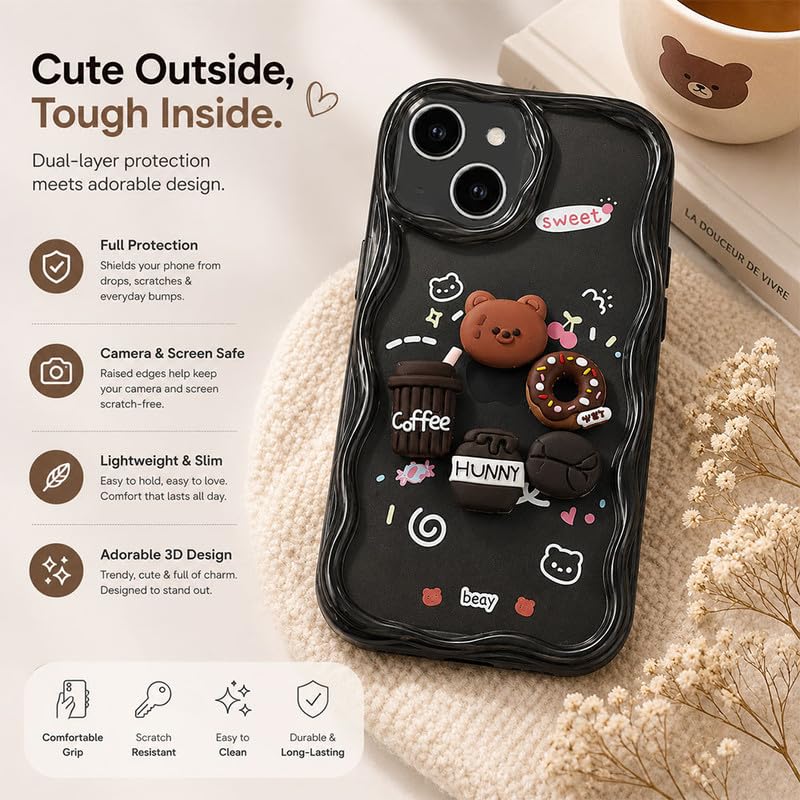 Image of ZR023 Compatible for iPhone 13 Cute Teddy Bear Design Back Cover | Soft Silicone Shockproof Protective Case | Slim Fit Stylish Camera Protection Phone Cover - Transparent Black