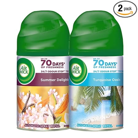 Air Wick 250 Ml (Pack Of 2)-Vanilla & Muskmelon (Summer Delights) & Sea Wood & Driftwood (Turquoise Oasis),Freshmatic Automatic Air Freshener Refill|2600 Sprays Guaranteed|Automatic Room Freshener