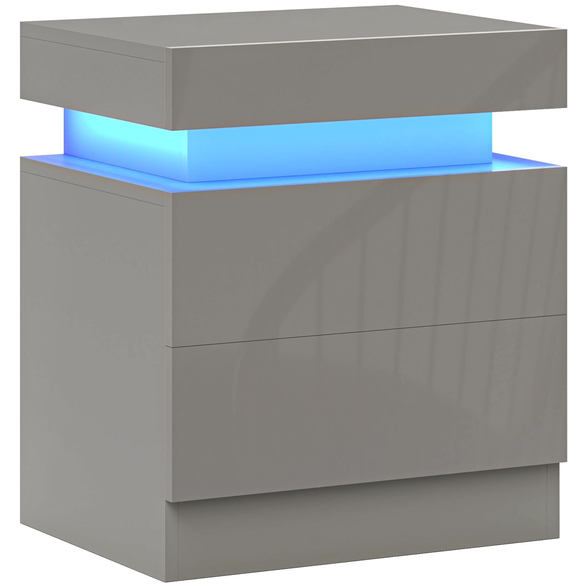 HOMCOM Stolik nocny z przodu o wysokim połysku, stolik nocny ze światłem LED RGB i 2 szufladami, komoda do sypialni, salonu, szara