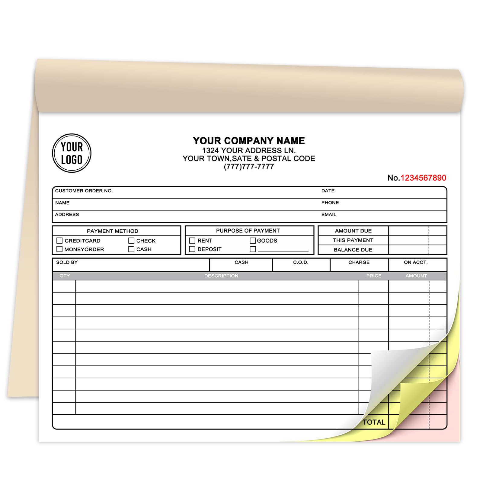 Custom Invoice Book for Small Business,8.5 x 7 Inches Invoice Receipt Book, 3-Part Carbonless Forms, Personalised Company Name, Address, Phone Number
