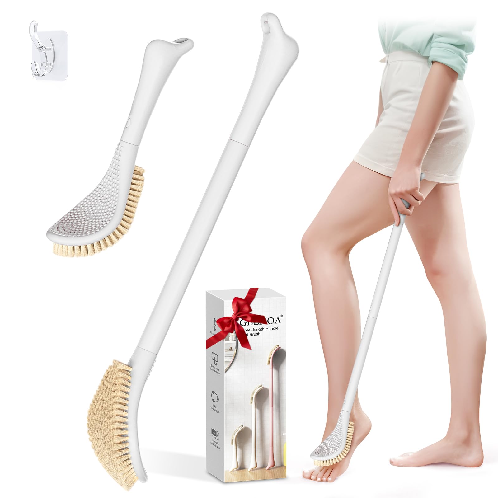 New Foot Brush with Adjustable Long Handle, 3-in-1 Foot Scrubber for Wet or Dry Brushing, 10.2’’- 27.5’’ Foot Scrub Brush for Senior, Pregnant, Disabled, or Injured, Gift-Box Packed(White)