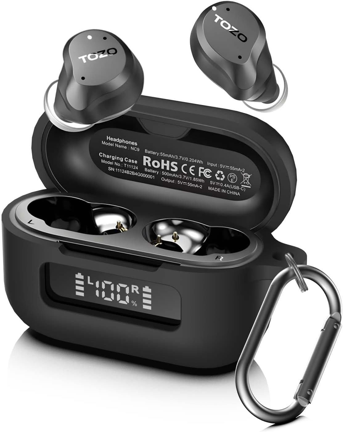 for TOZ0 NC9(2024) Case Cover, Silicone Protective Scratch Resistant Battery Display Visible Design Cover for TOZO Hybrid Active Noise Cancelling Wireless Earbuds with Carabiner-Black