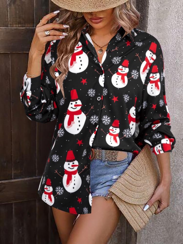 Christmas Shirts Women Funny Snowman Graphic Long Sleeve T-Shirts Cute Santa Printed V-Neck Button Up Tees Tops - Image 5
