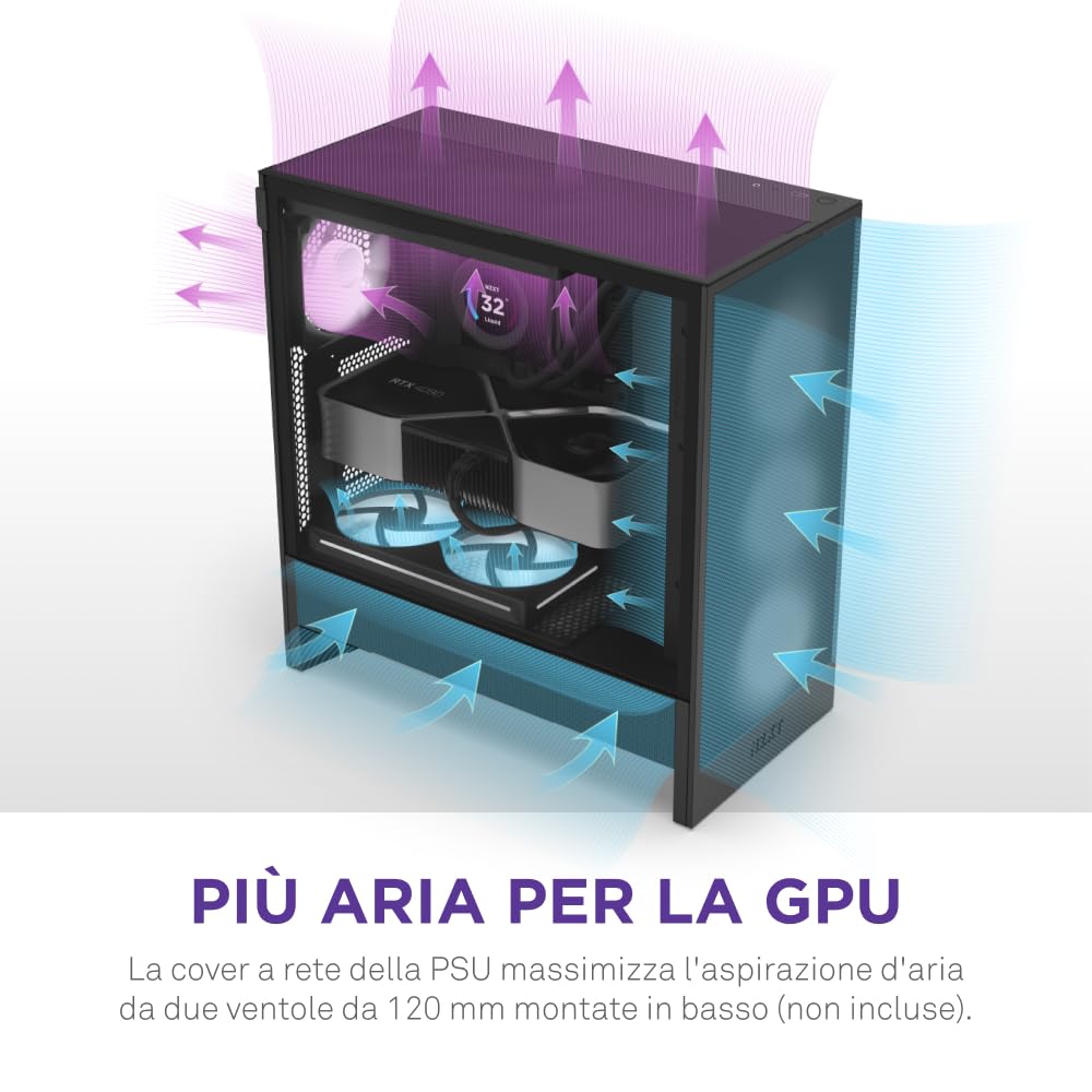 NZXT H5 Flow RGB - Case per PC da gaming mid-tower ATX compatto - Flusso d'aria elevato - Ventola F360 RGB Core (CV) inclusa - Supporto per radiatori da 360 mm (anteriore) - Nero