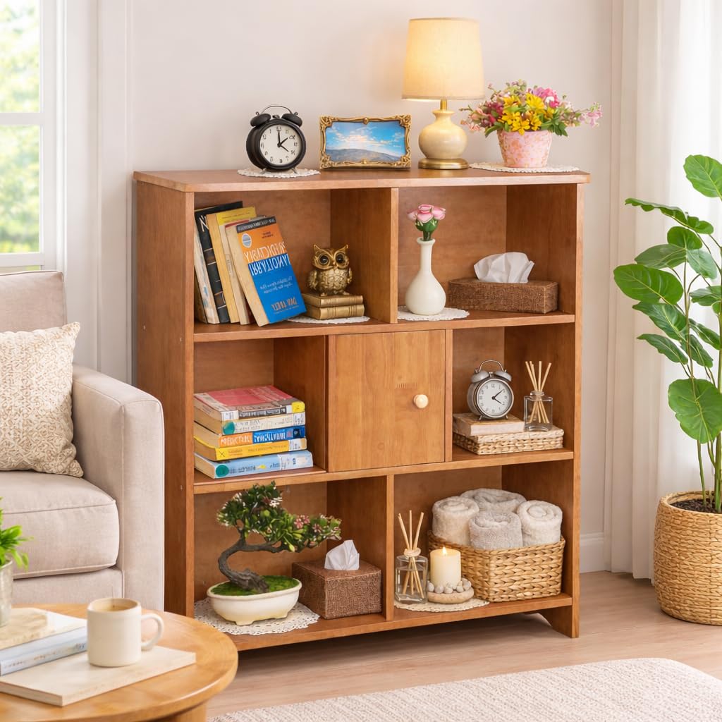 7 Cube Storage Organizer Wooden Bookshelf, 7 Cube Shelf Bookcase, Small Bookshelf Storage Organizer, 7 Cube Storage Shelf for Bedroom, Small Bookshelf for Living Room and Office (Natural, 7)