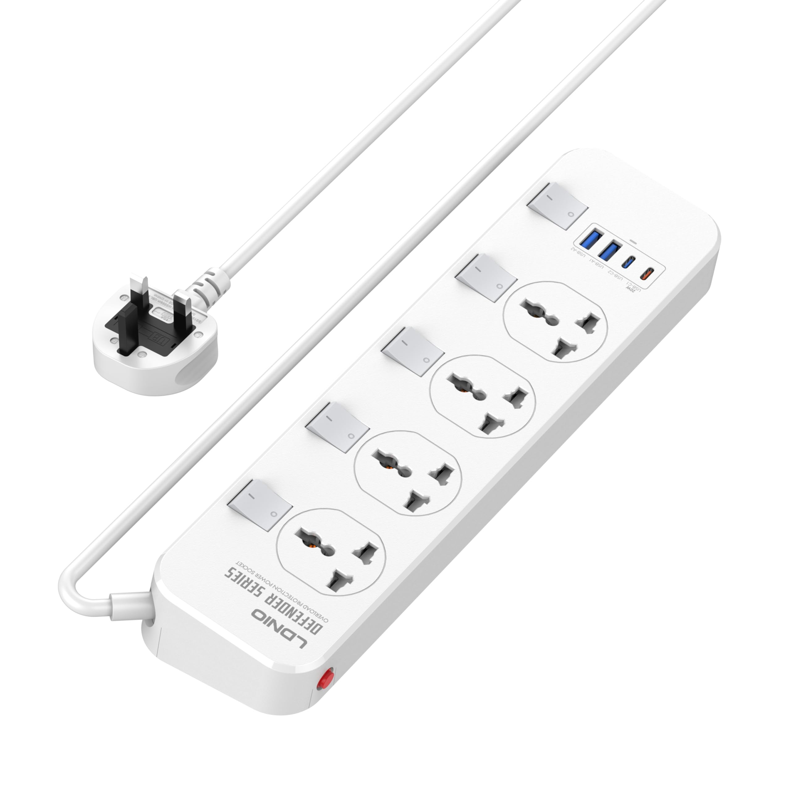Extension Lead | Extension Lead with Usb Slots | 4 Universal Sockets | Surge Protector | 4 USB Ports (1xUSB-C 20W PD | 2xUSB-A) | Independent Switch | 6.5ft Power Cord | Child Safe Door