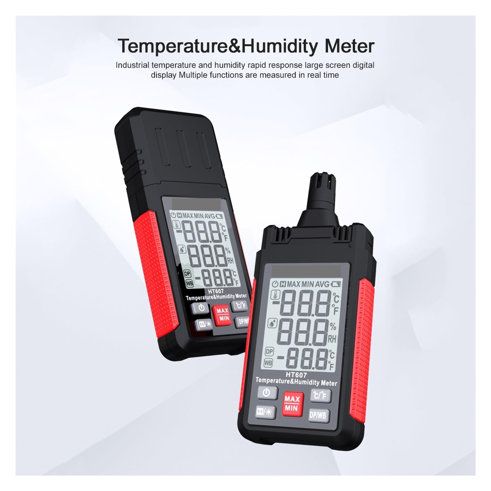 Higrómetro digital HT607 - Medidor de temperatura y humedad con pantalla LCD, psicrómetro for medición de punto de rocío y bulbo húmedo